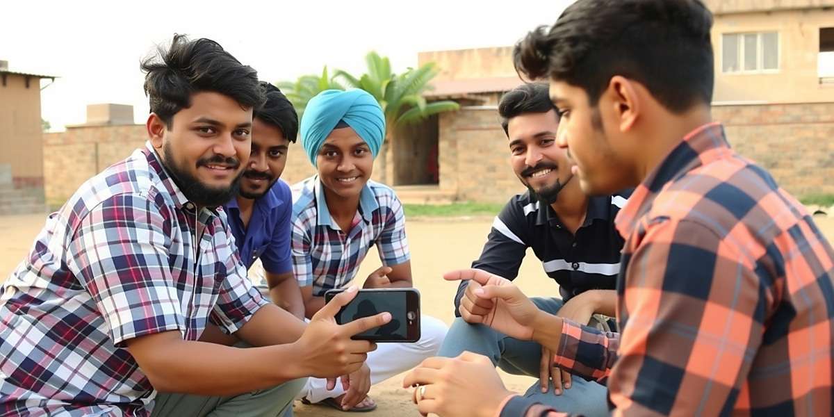 Punjabi Power Volley - Social Gaming in Rural Punjab Group of friends playing Punjabi Power Volley on a smartphone at a village dhabha in Punjab